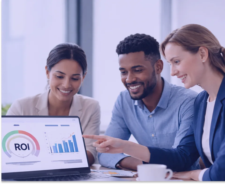 A diverse Australian team reviewing ROI results together in a bright modern office